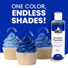 ENCO royal blue being mixed into frosting bowl demonstrating smooth blend and vivid color