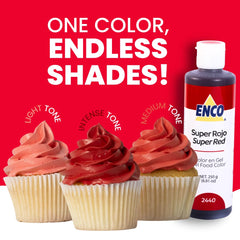 ENCO tinted frosting on cake illustrating bold Super Red color and vibrant results