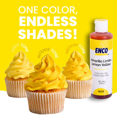 ENCO being mixed into frosting bowl for even lime-yellow tint and smooth blend