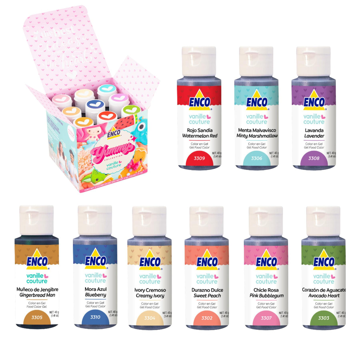 ENCO front packaging showing nine gel bottles and included guide for colorful baking
