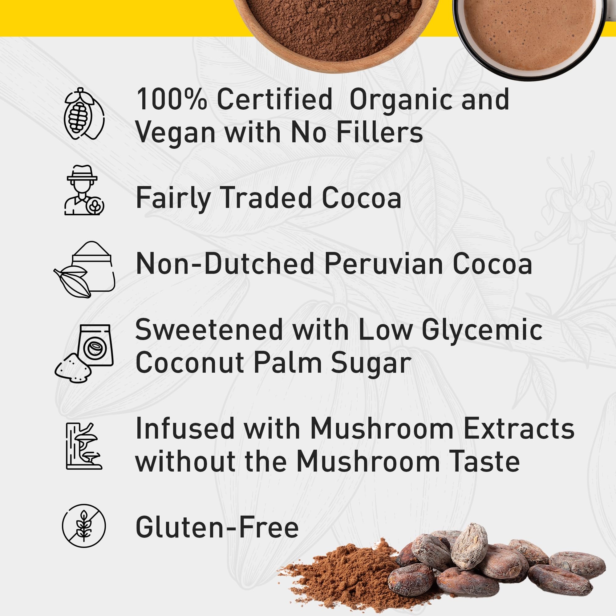 EnerHealth cocoa mojo ingredients laid out with mushrooms and coconut palm sugar benefits