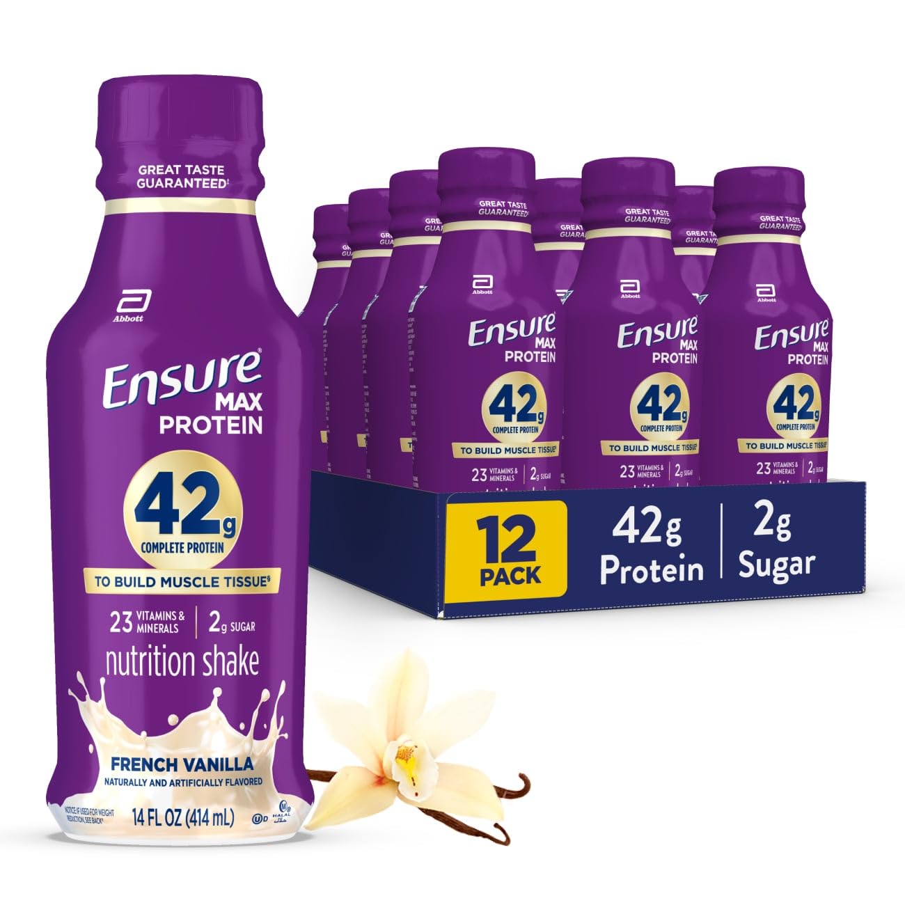 Ensure French Vanilla front packaging shows nutrition and 42g protein benefit