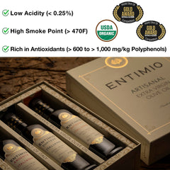 ENTIMIO bottle label close-up highlighting origin and organic certification