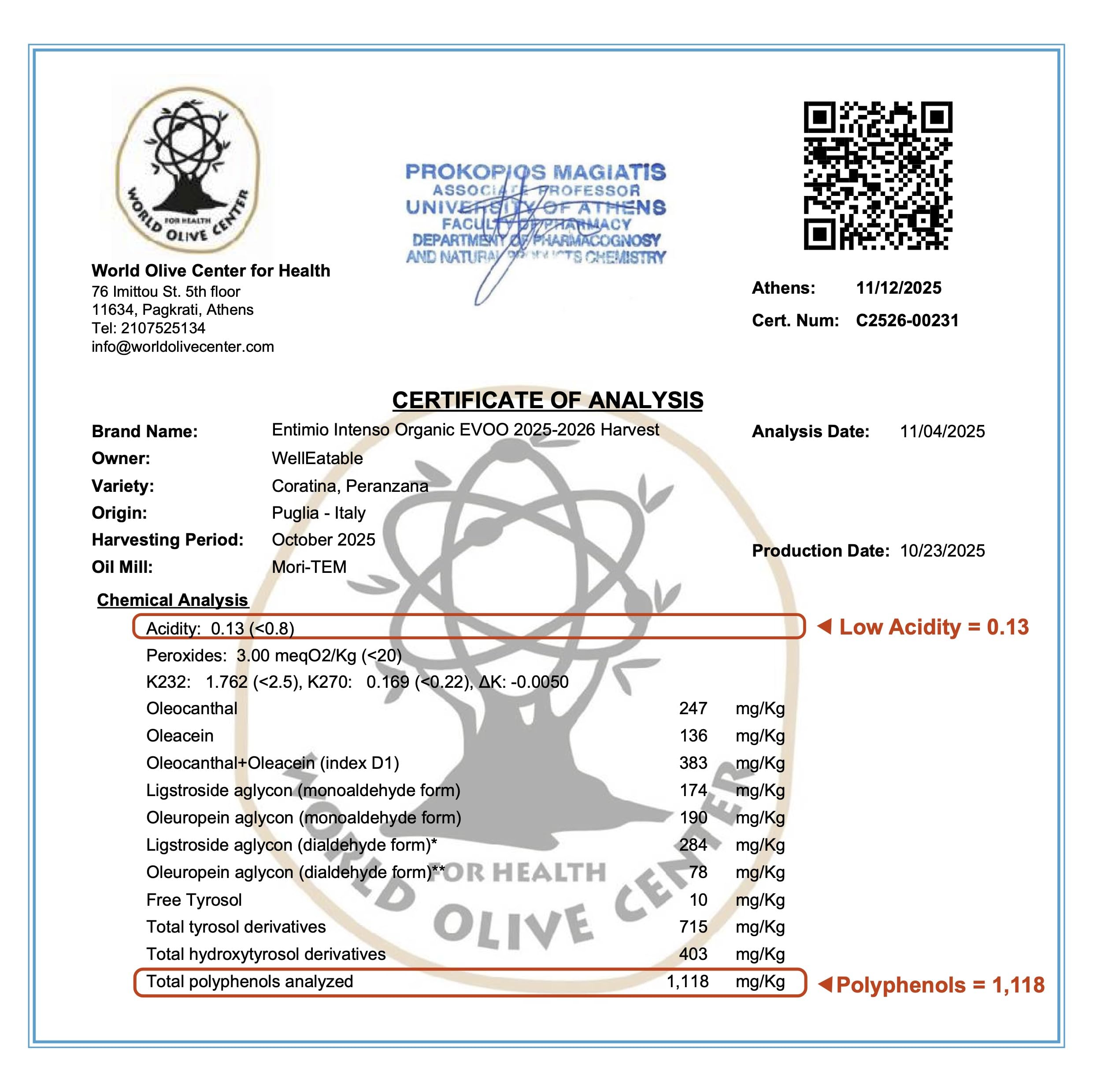 ENTIMIO label with NYIOOC Gold award emphasizing certified quality