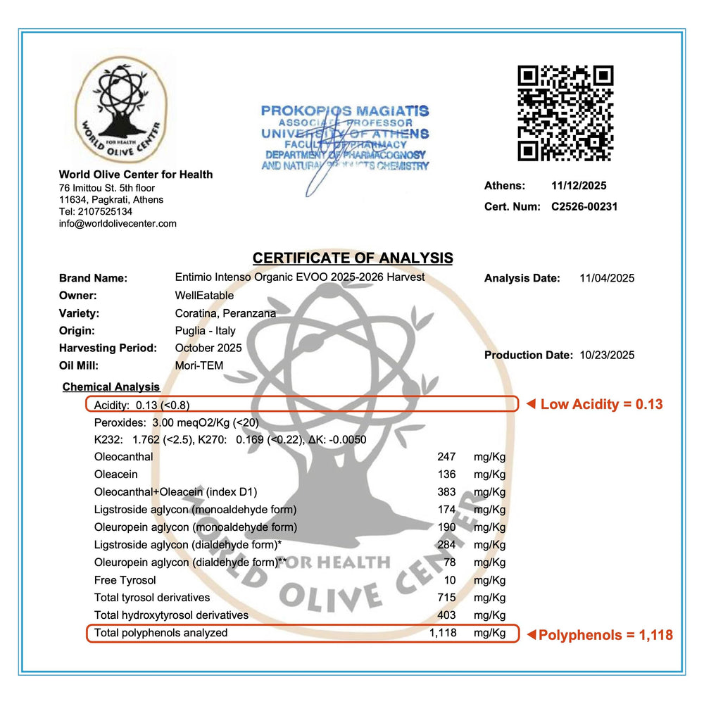 ENTIMIO label with NYIOOC Gold award emphasizing certified quality