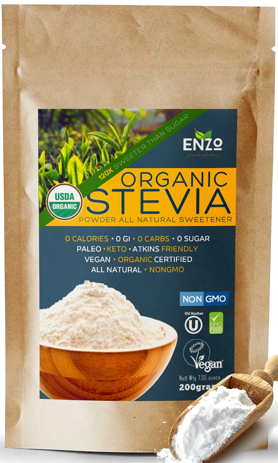 Enzo's stevia front packaging showing pouch and brand for clear product ID