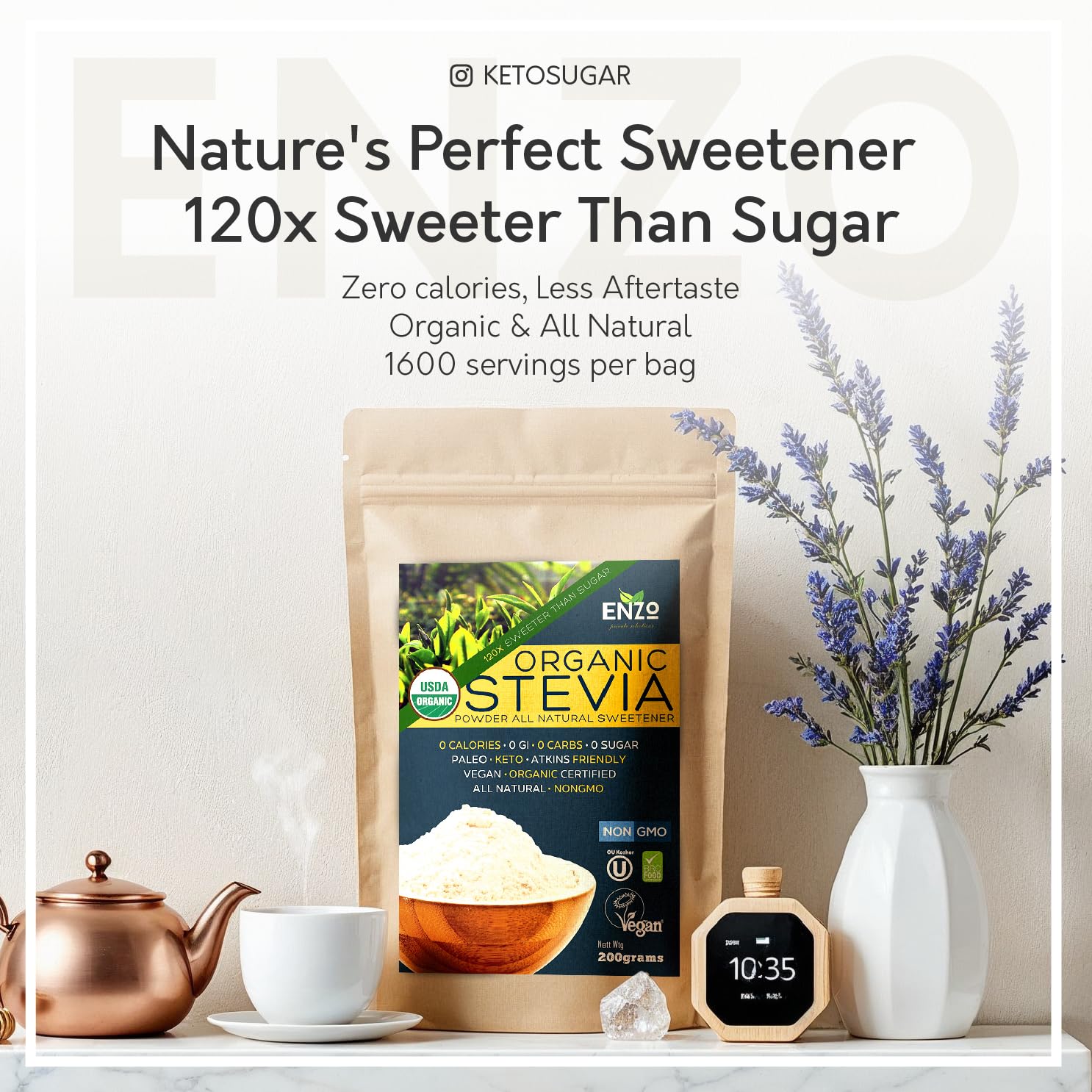 Enzo's stevia teaspoon portioning demonstrating tiny serving size and economy