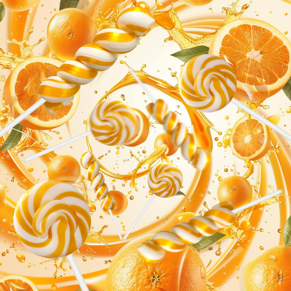 EORA close-up of swirl lollipop texture highlighting bright orange flavor appeal