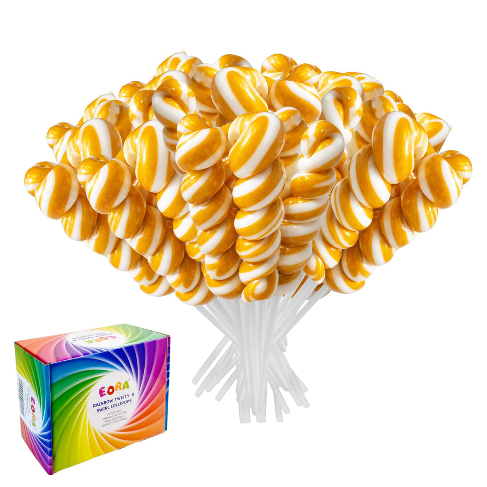 EORA front packaging showing 32 orange twist lollipops, easy party supply