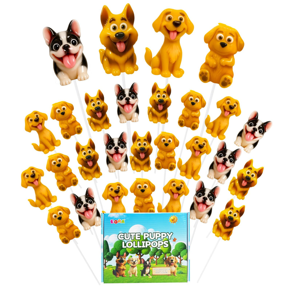 EORA front packaging showing 24 puppy-shaped lollipops and easy party use