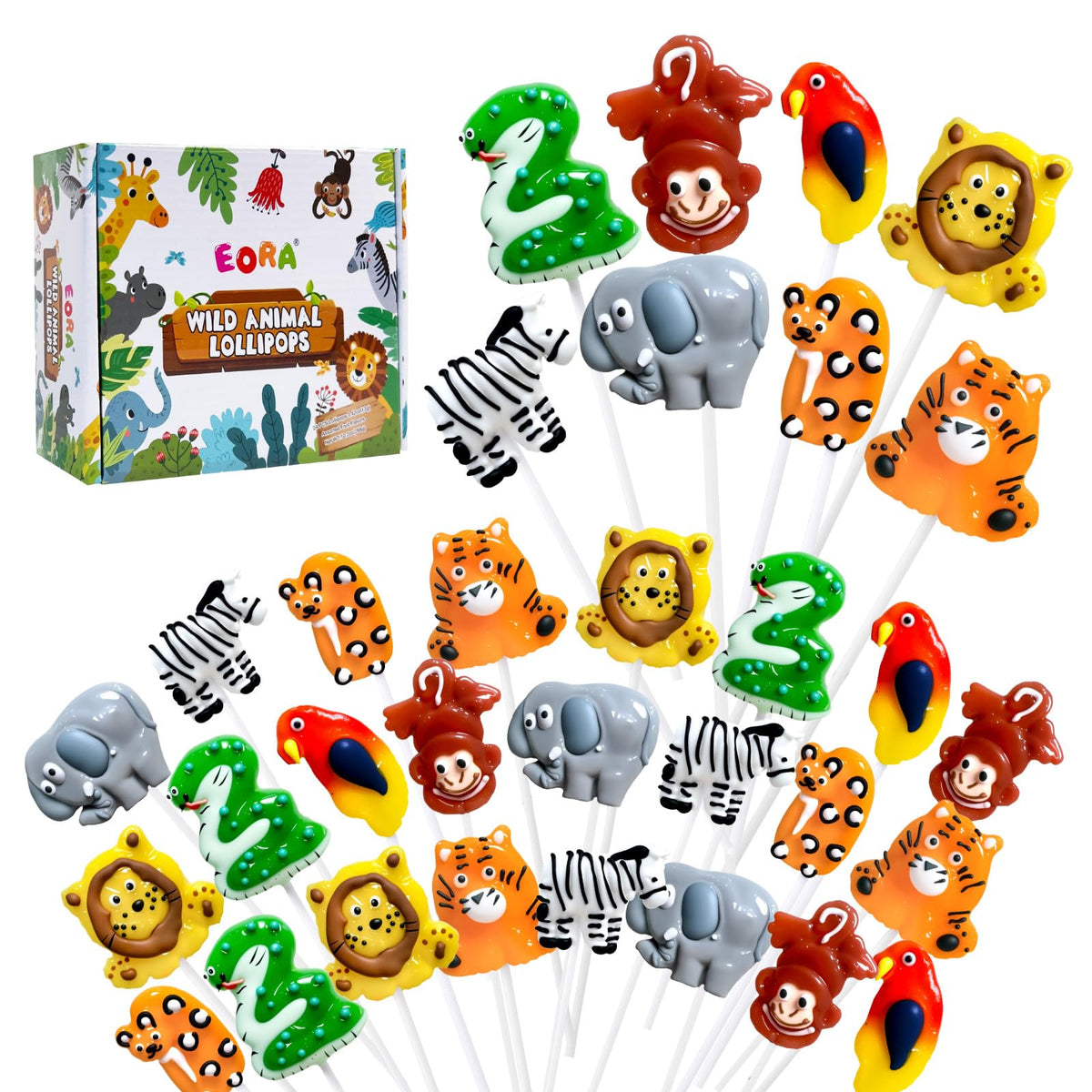 EORA front packaging showing all eight animal shapes and colorful design, enticing display benefit