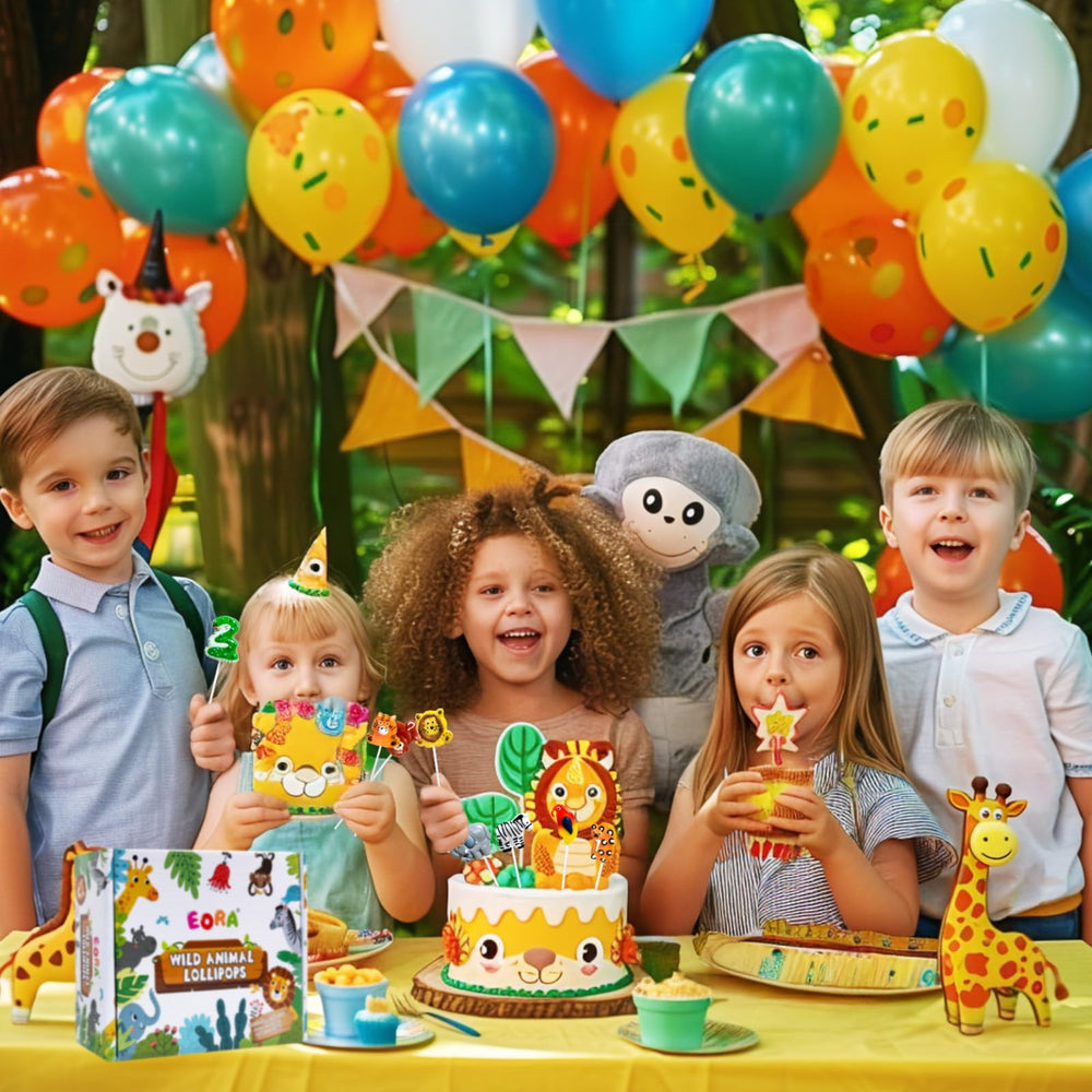 EORA wildlife lollipops staged on party table to inspire themed celebration planning