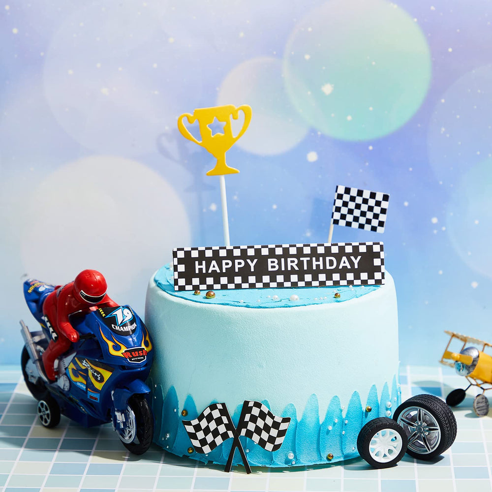 Epakh cake with toppers in use creating instant motocross party centerpiece