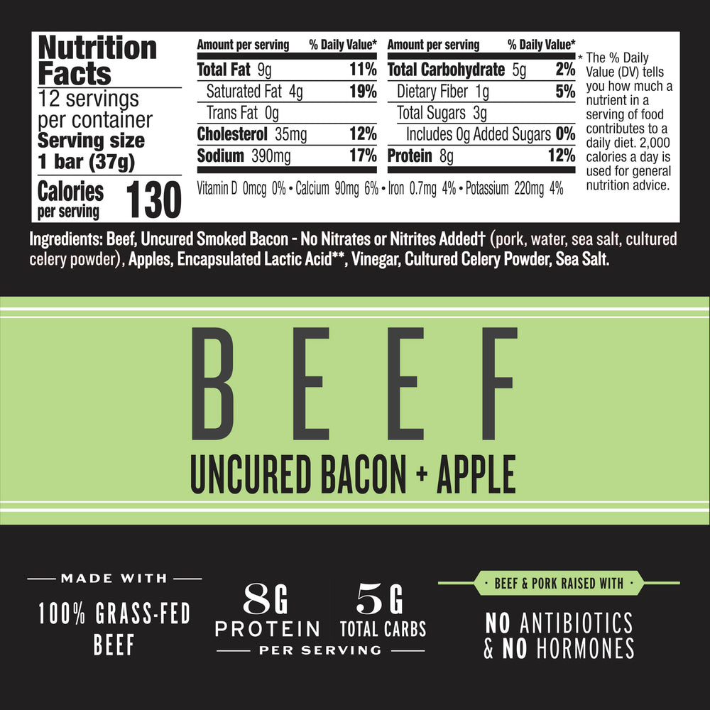 Epic unwrapped bacon and apple bar revealing meat and apple pieces for on-the-go eating