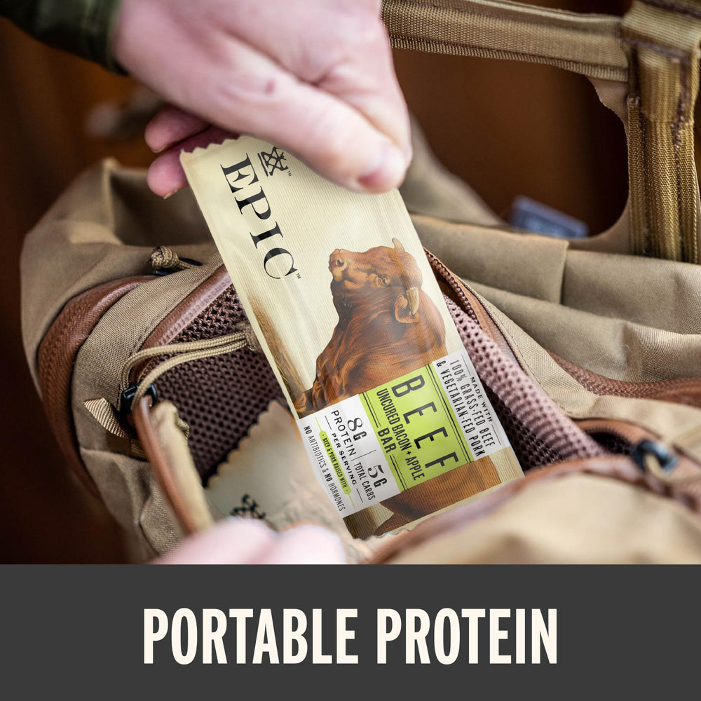 Epic bars inside a backpack illustrating portability and travel-ready protein benefit