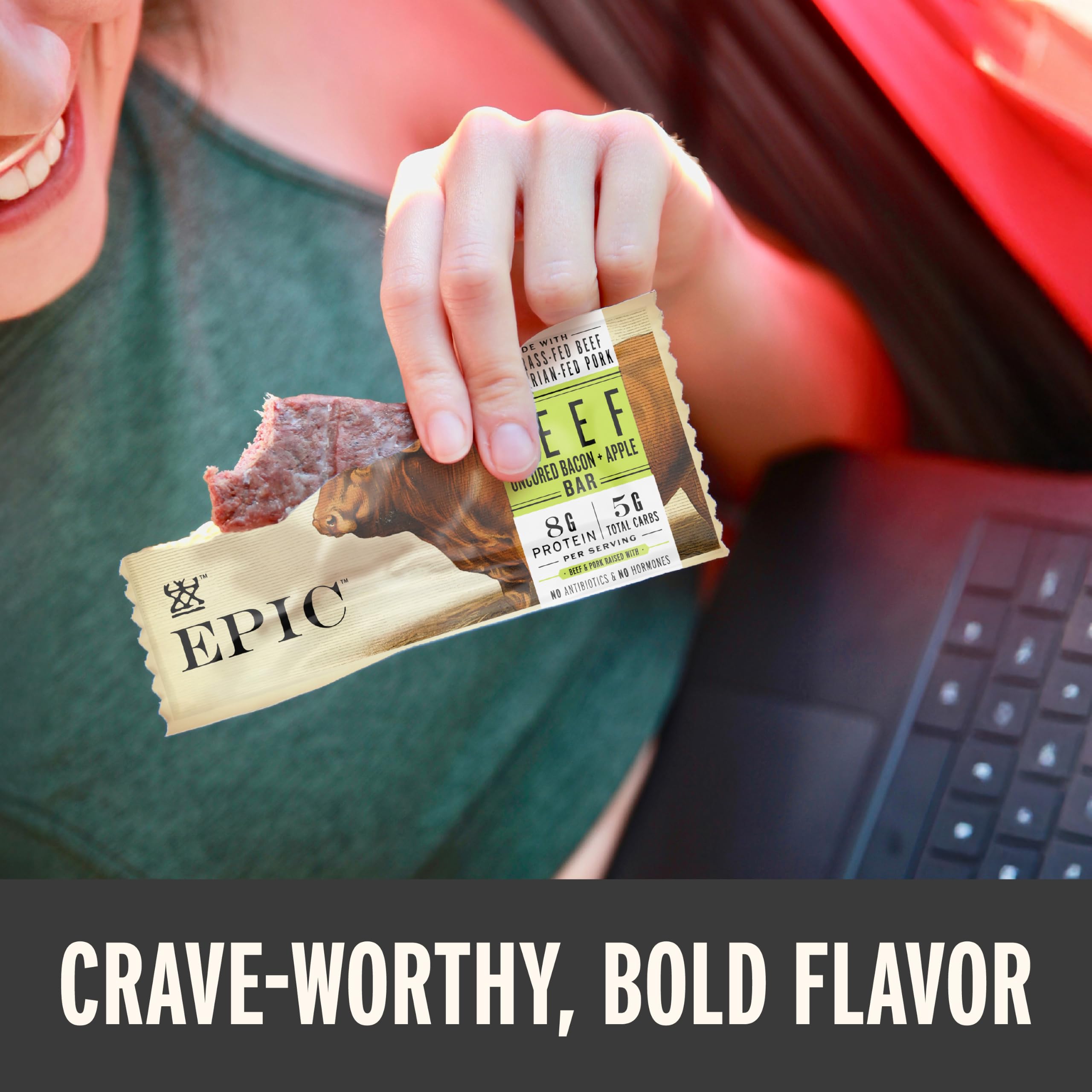 Epic bar beside a hand for size comparison demonstrating convenient grab-and-go portion