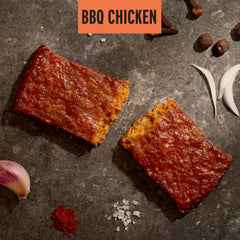Epic close-up of BBQ Chicken bar texture highlighting real-meat bite