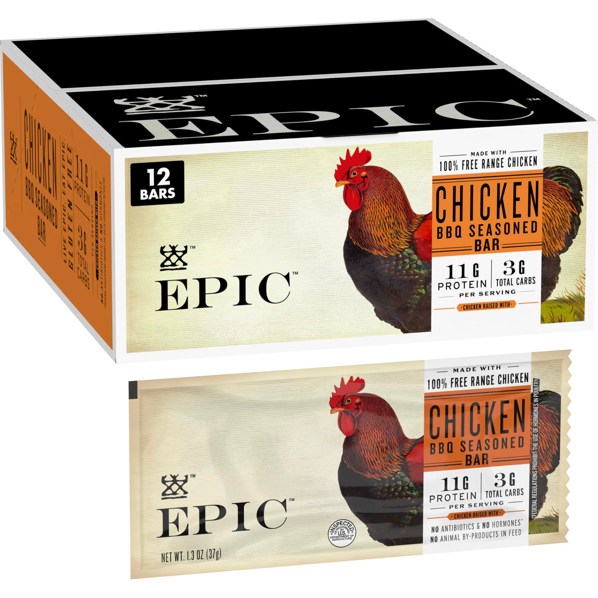 Epic BBQ Chicken front packaging showing brand and savory bar benefits
