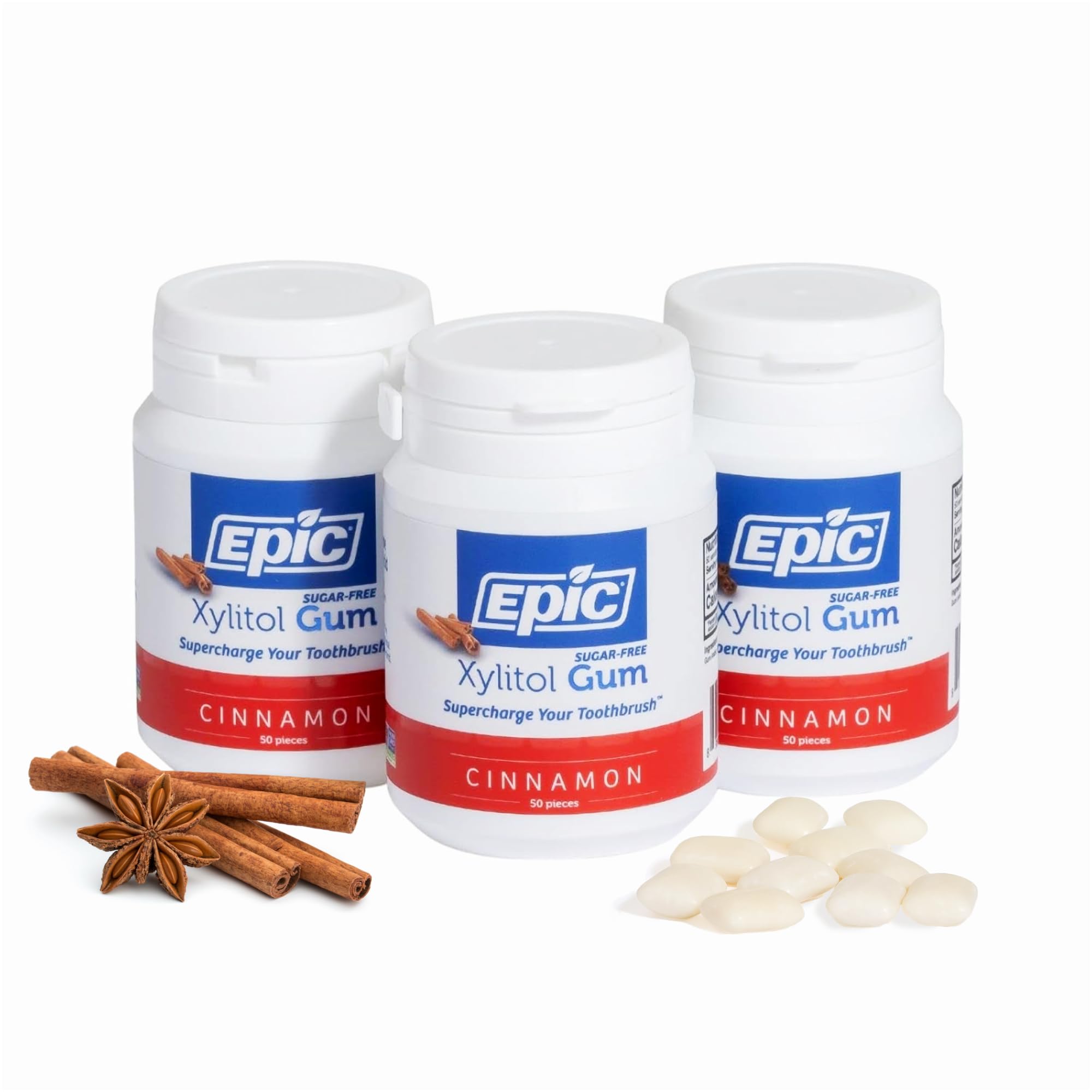 Epic front packaging showing three 50-piece packs and bold cinnamon branding for convenience
