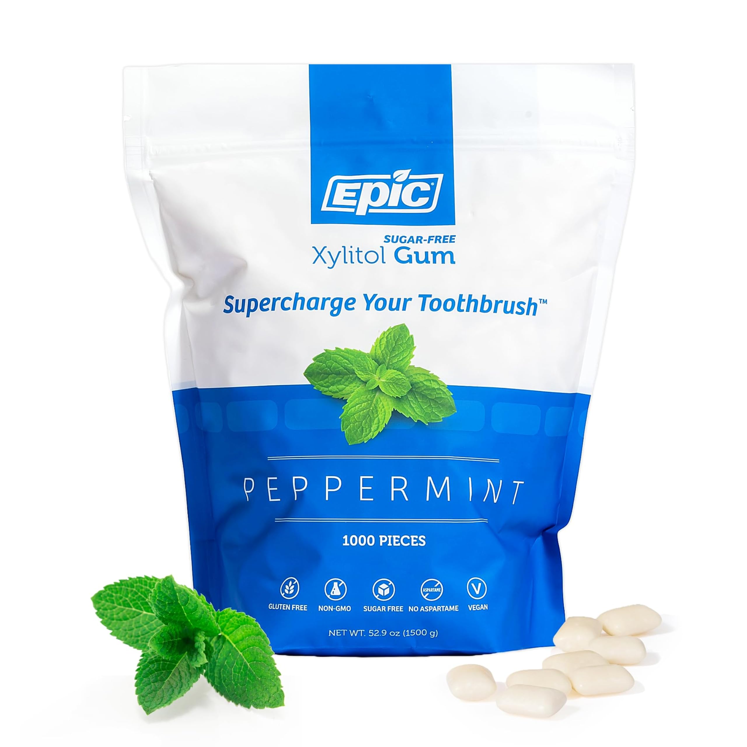Epic gum front packaging showing peppermint gum and bulk quantity benefit
