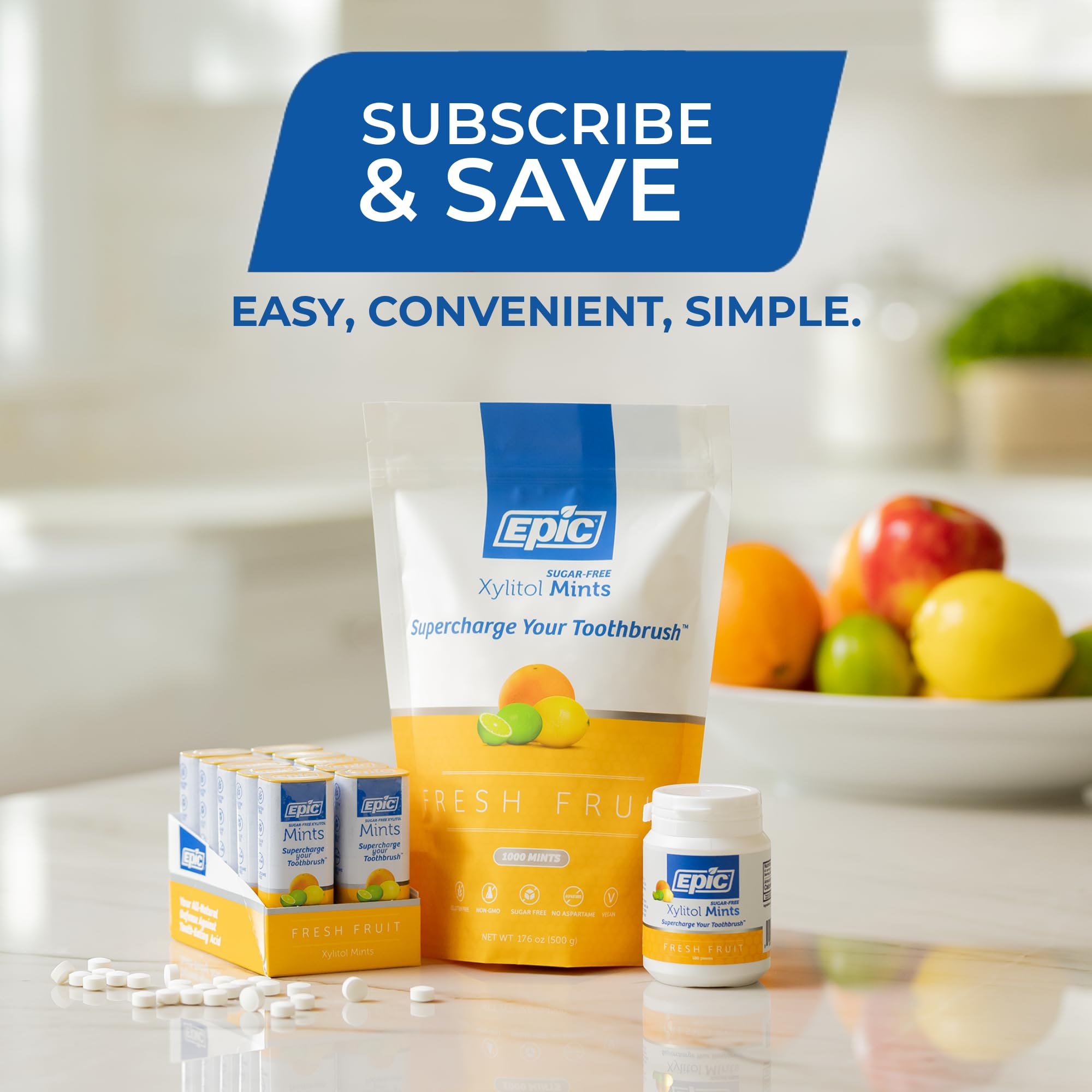 Epic product label ingredient detail emphasizing xylitol and vegan benefit