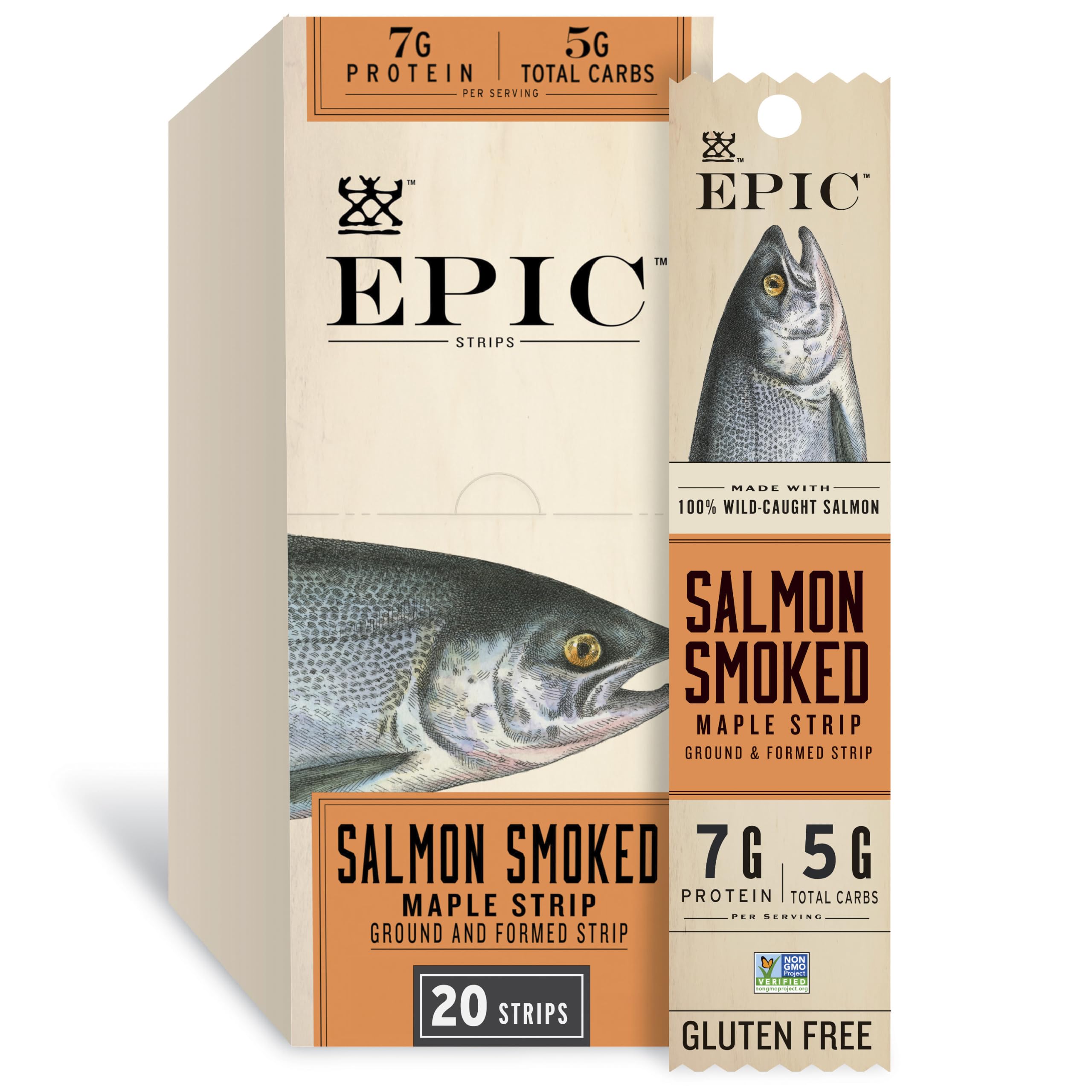 EPIC front packaging showing smoked maple salmon strips and branding benefit: easy grab-and-go snack