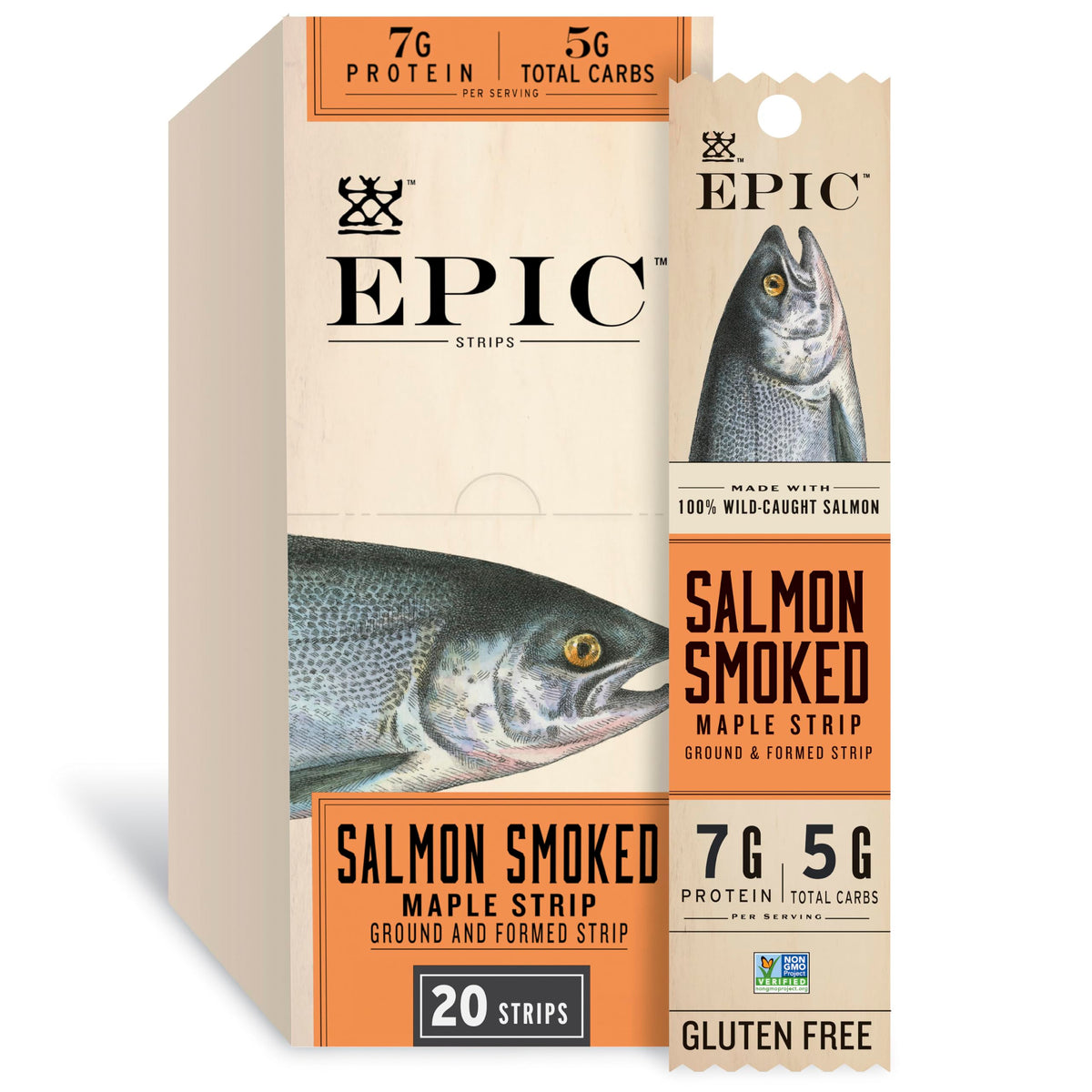 EPIC front packaging showing smoked maple salmon strips and branding benefit: easy grab-and-go snack