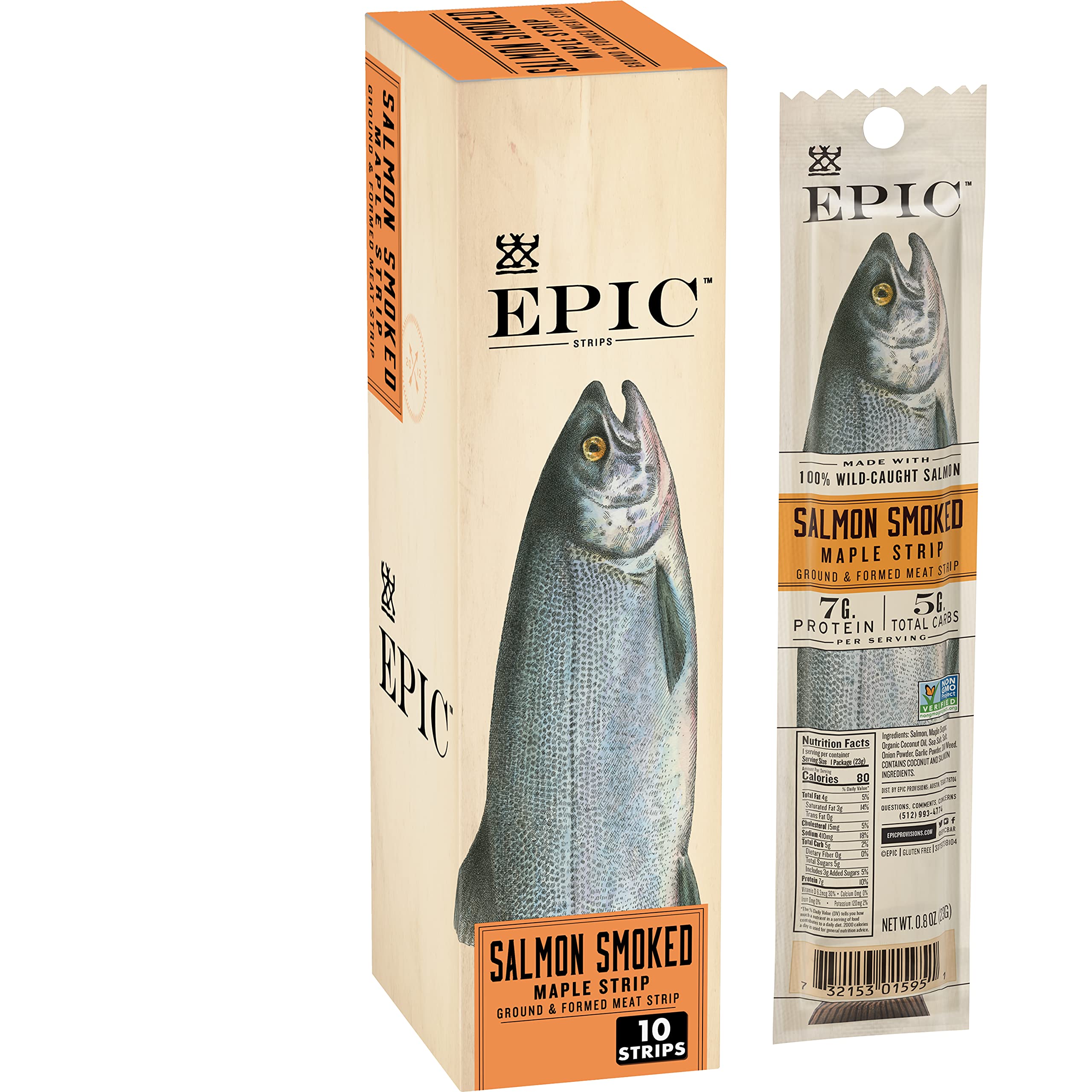 Epic front packaging of smoked salmon strips, convenient protein on the go