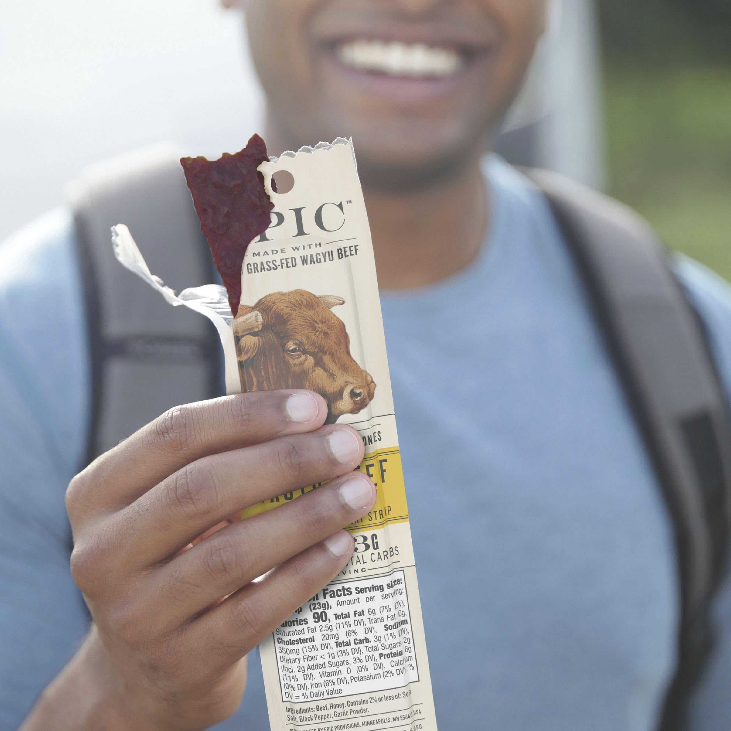Epic wagyu strip inside a backpack for outdoor on-the-go fueling