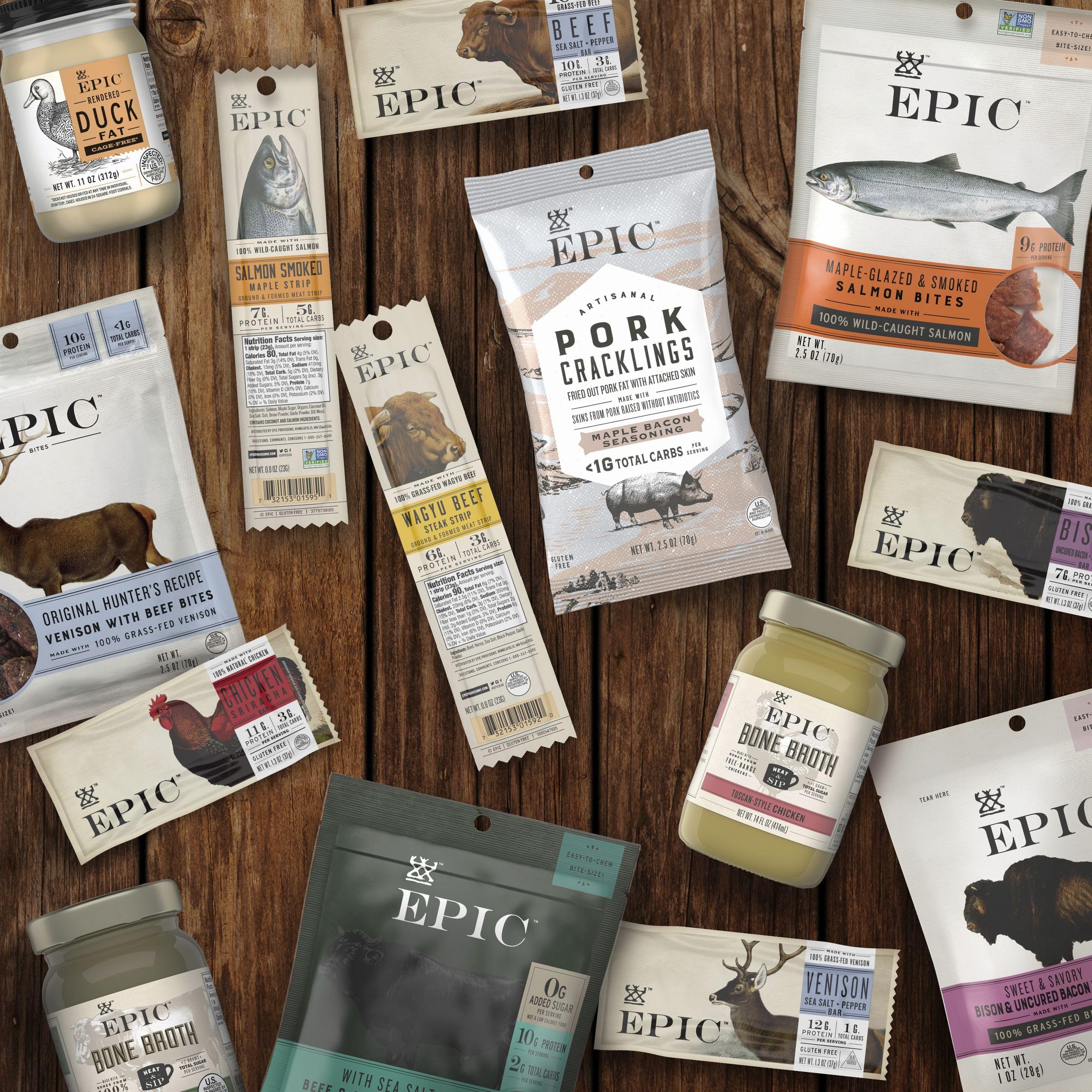 Epic ten individually wrapped wagyu strips arranged to show pack contents