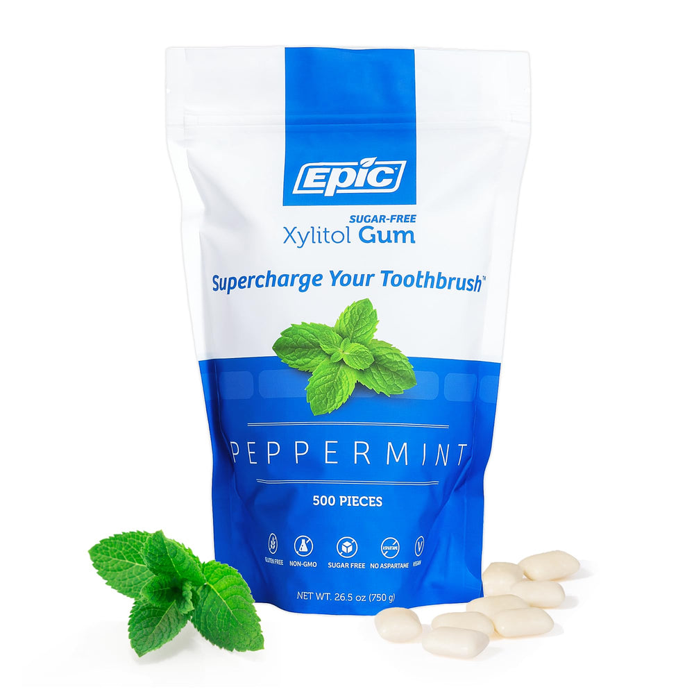 Epic tin front view showing peppermint gum and convenient storage benefit