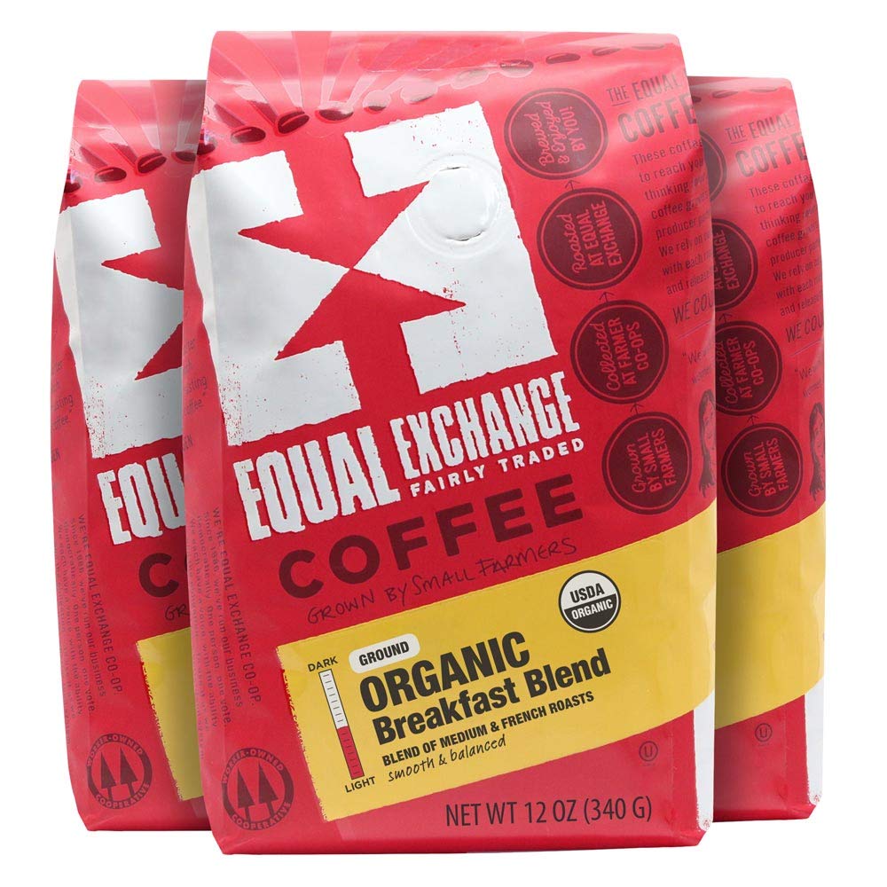 Equal Exchange front packaging showing three 12 oz bags, highlights fair-trade benefit