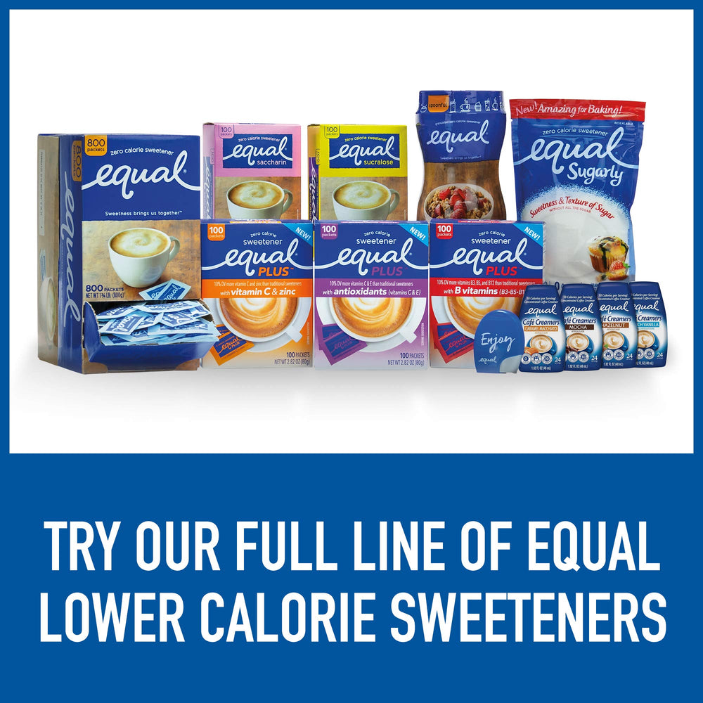 Hand holding Equal packet beside spoon shows single-serve scale benefit
