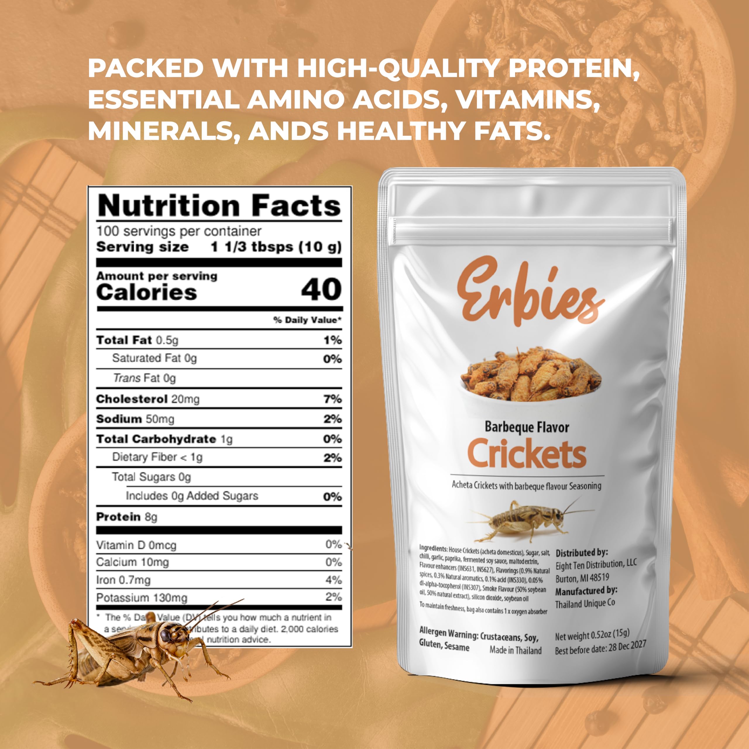 Erbies close-up of seasoned crickets highlighting crunchy coating and smoky flavor