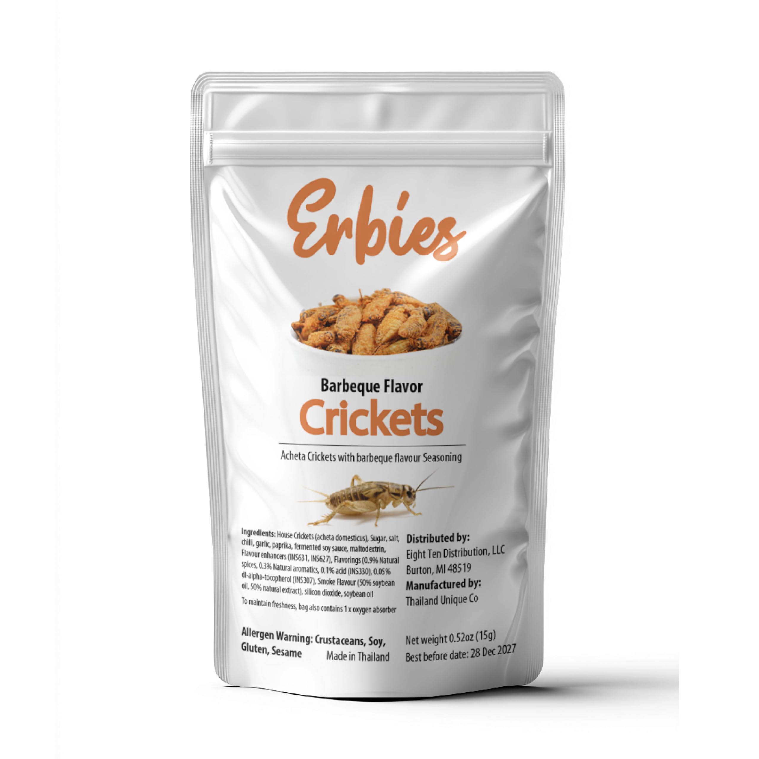 Erbies front packaging showing barbecue cricket snack and bold branding for quick ID