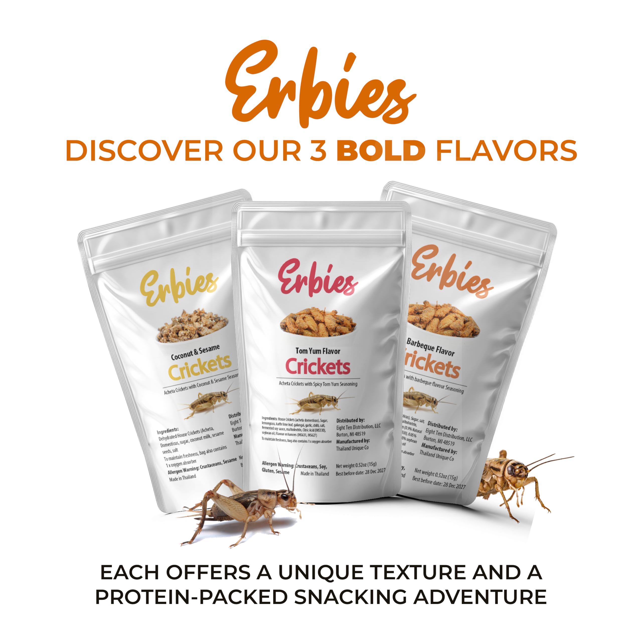 Erbies cricket snacks on tasting board as novelty party appetizer to surprise guests