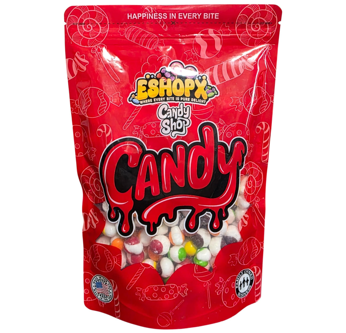 EShopX front packaging showing colorful rainbow pieces and resealable bag for freshness