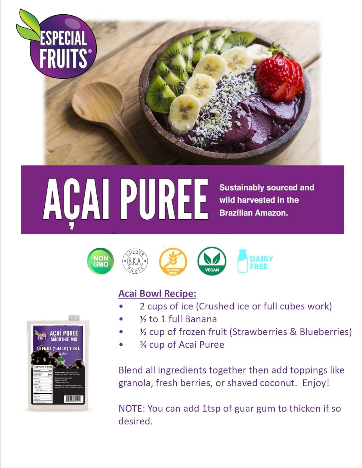 Especial Fruits tub next to a measuring cup illustrating 46oz portion size