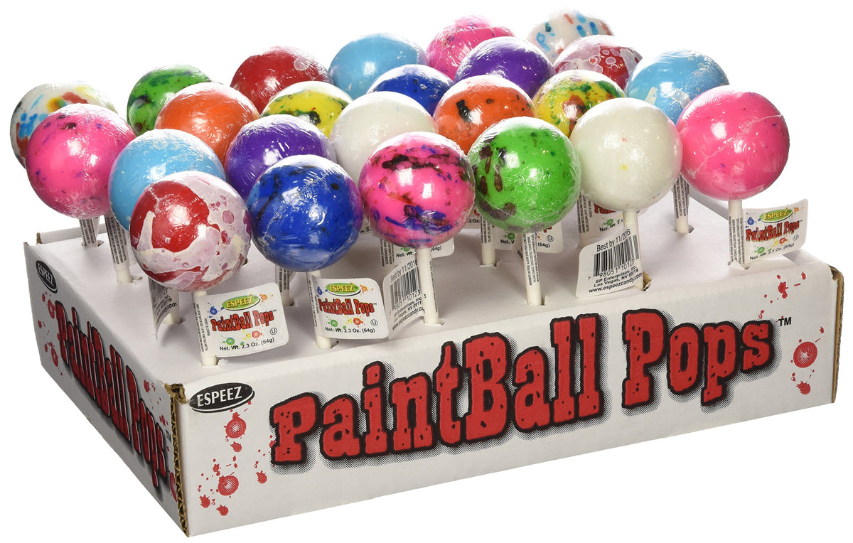 espeez front display of 24 colorful paintball jawbreaker lollipops, eye-catching retail appeal