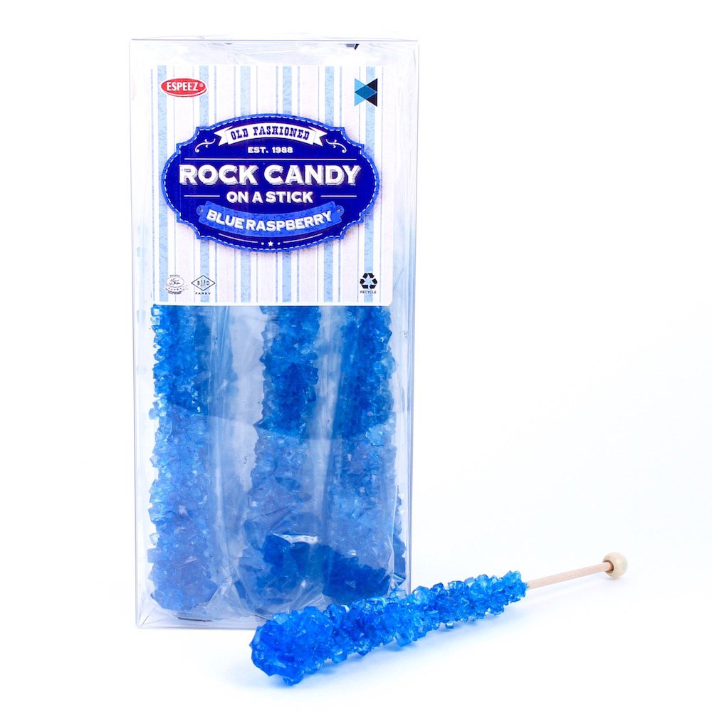 Espeez front packaging showing 12 blue rock candy sticks and bright branding benefit