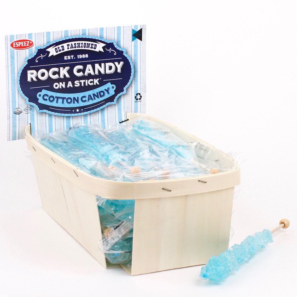 Espeez front packaging showing 24 light blue rock candy sticks, great for events
