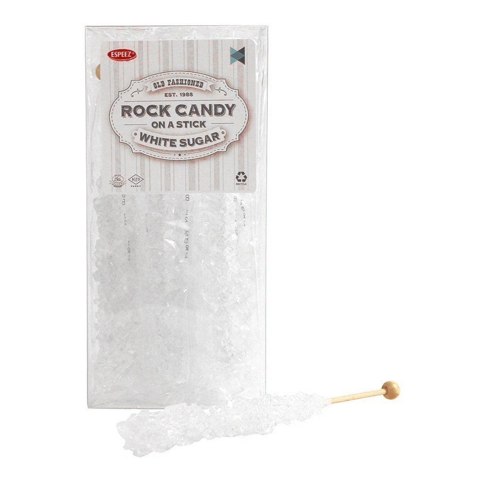 Espeez front packaging showing 12 white rock candy sticks and benefits