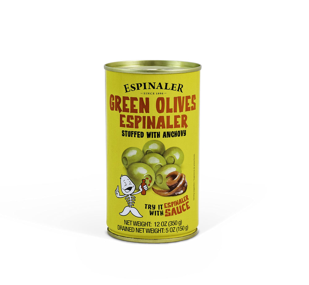 Espinaler jar front showing anchovy-stuffed olives, convenient ready-to-serve snack
