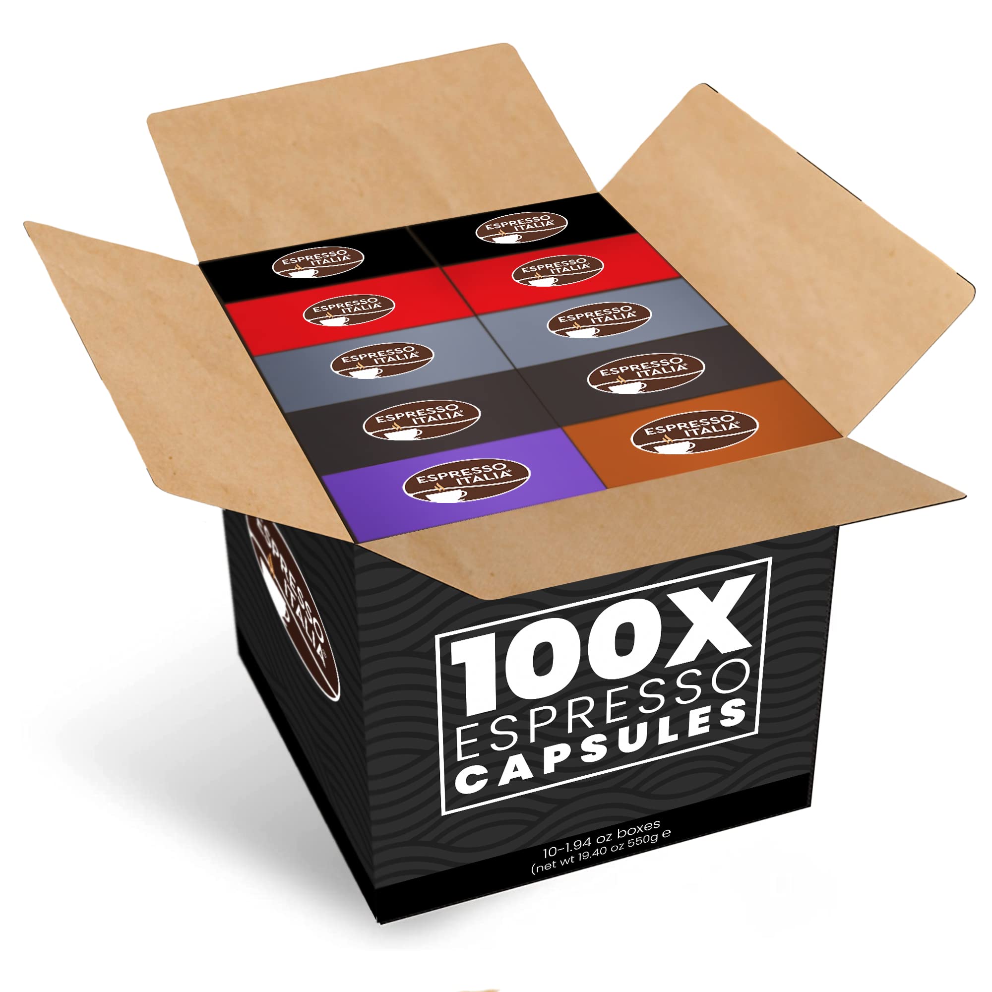 Espresso Italia capsules scattered to show color-coded blends and easy selection