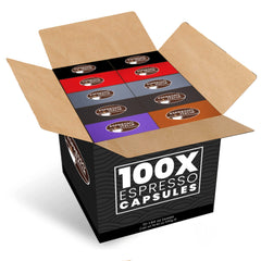 Espresso Italia capsules scattered to show color-coded blends and easy selection