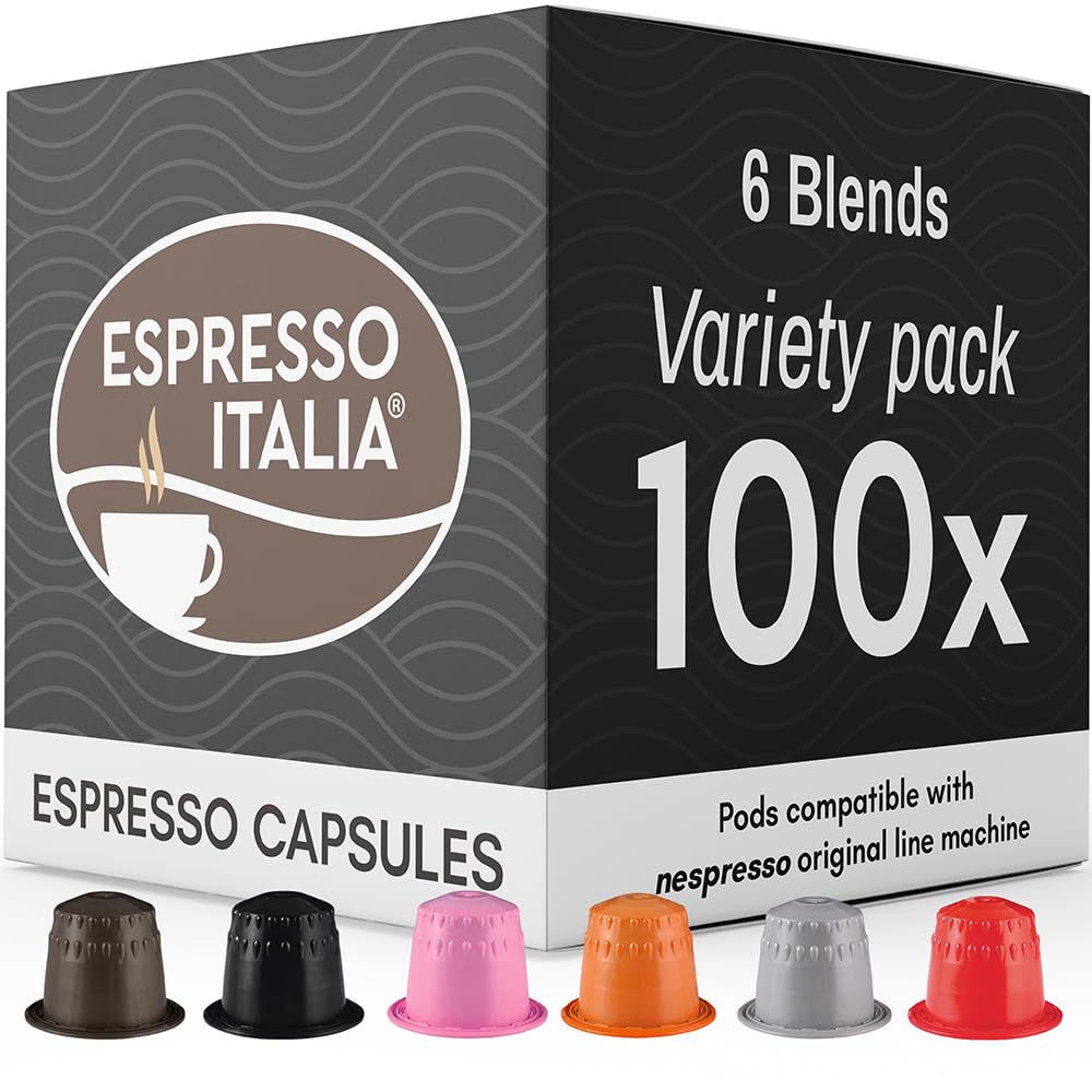 Espresso Italia front packaging showing six-blend variety and 100 pods, clear value