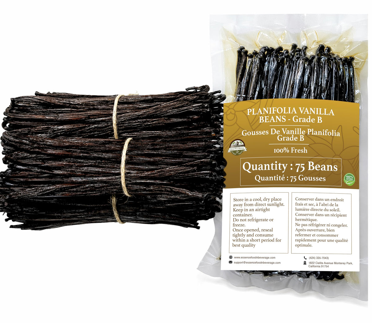ESSENCE FOOD & BEVERAGE front pack of 75 Grade B vanilla beans, bulk convenience
