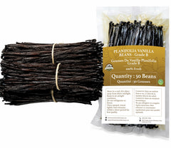 ESSENCE FOOD & BEVERAGE front pack of 50 Grade B vanilla beans showing quantity and size benefit