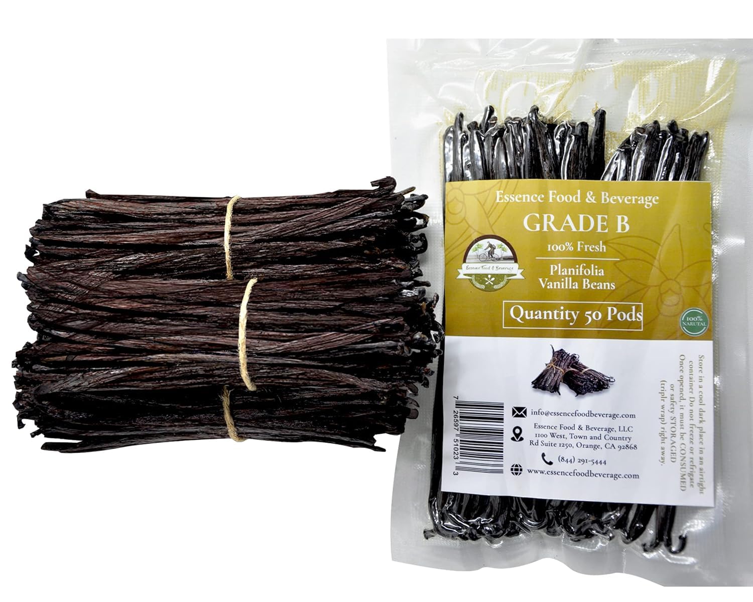 ESSENCE FOOD & BEVERAGE split vanilla pod close-up revealing seeds and rich extraction benefit