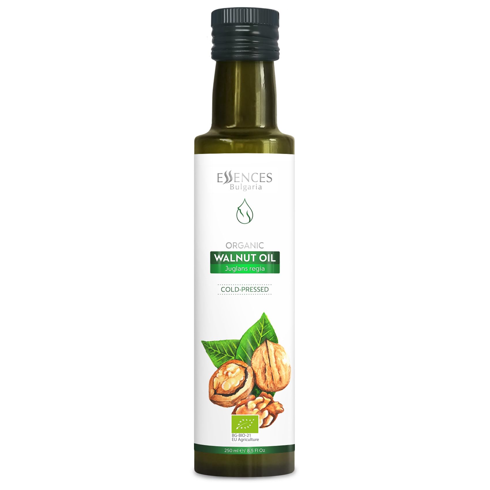 Essences Bulgaria front bottle view showing premium organic walnut oil benefit of clear labeling